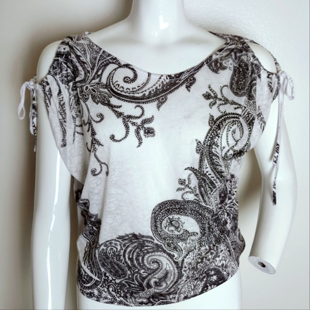 VTG Y2K Romeo & Juliet Couture Paisley Rhinestone Semi Sheer Blouse Top, M